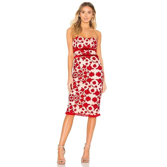 Lovers + Friends Sol Midi Dress Red Mesh Embroidered Fringe Strapless Midi Dress - Picture 1 of 13